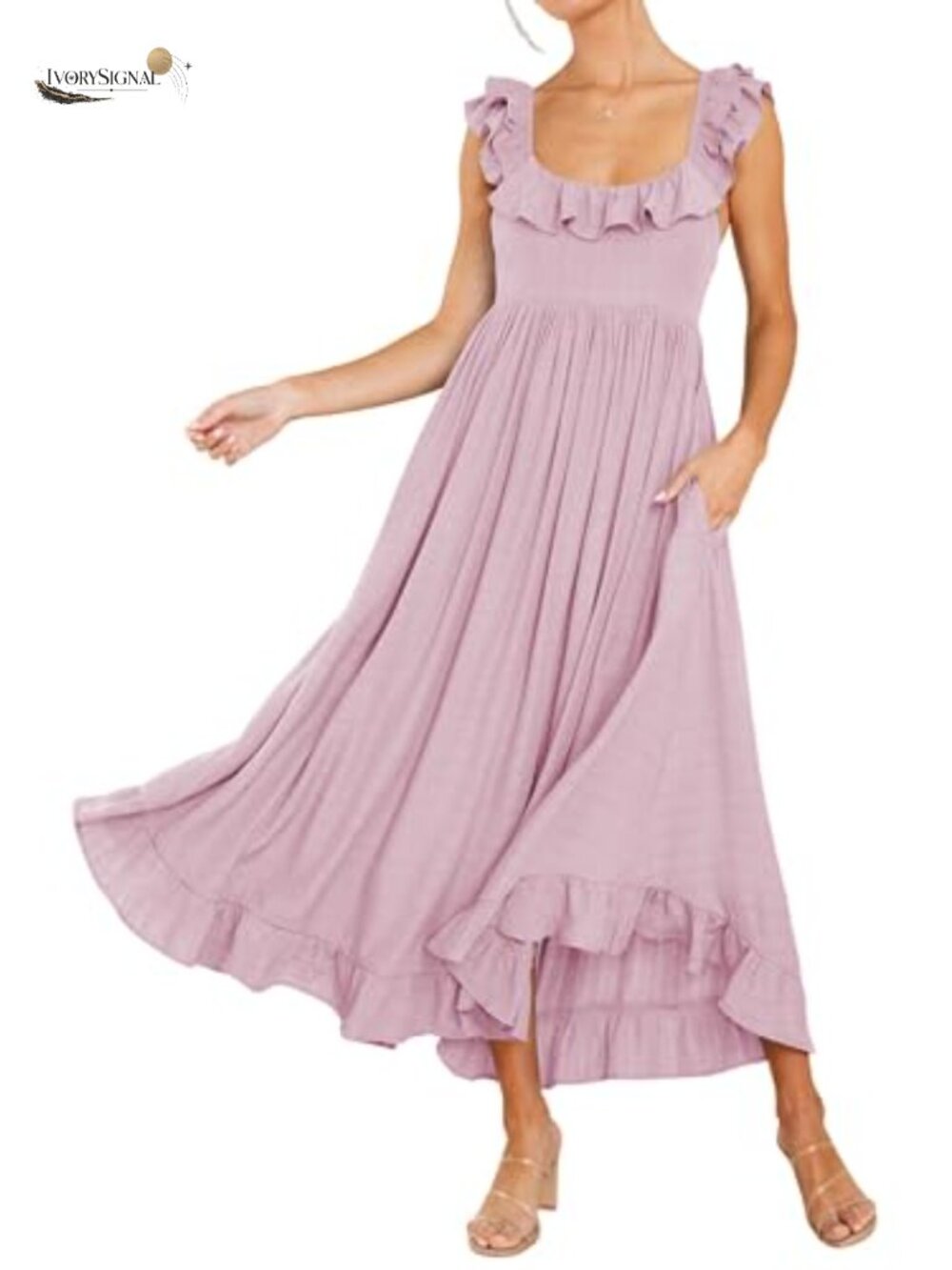 Sleeveless Square Neck Midi Dress A-Line Ruffle Hem